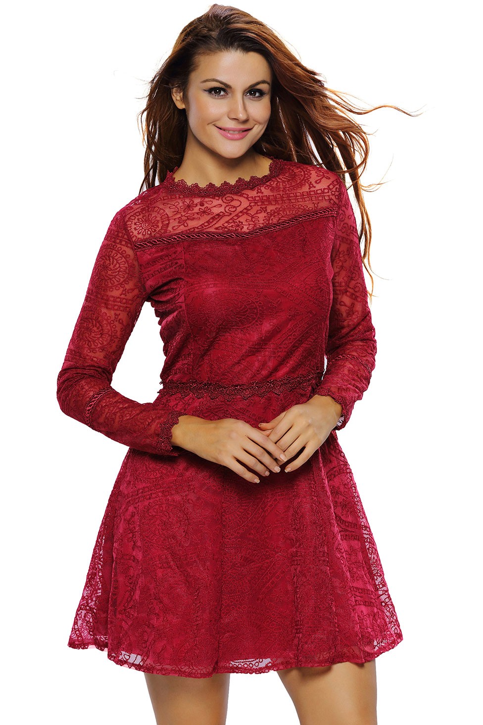 Бардовое кружевное вечернее платье с вышивкой (фото 1)
